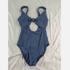 Aerie Blue Ribbed Knot Front One Piece Full Coverage Swimsuit Womens Size Medium